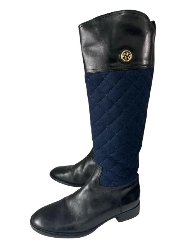 Tory Burch Shoe Size 9 Black & Navy Blue Wool & leather Knee High Quilted Boots