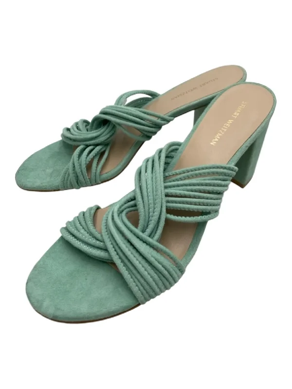 Stuart Weitzman Shoe Size 8 Mint Suede Block Heel Multi Strand Open Back Sandals