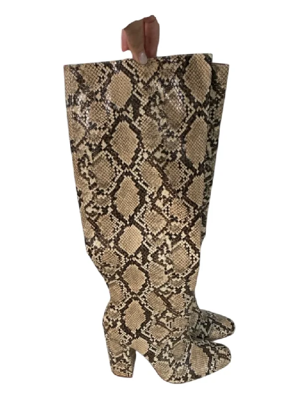 Zara Trafaluc Shoe Size 38 Beige & Brown Faux Snakeskin Knee High Side Zip Boots