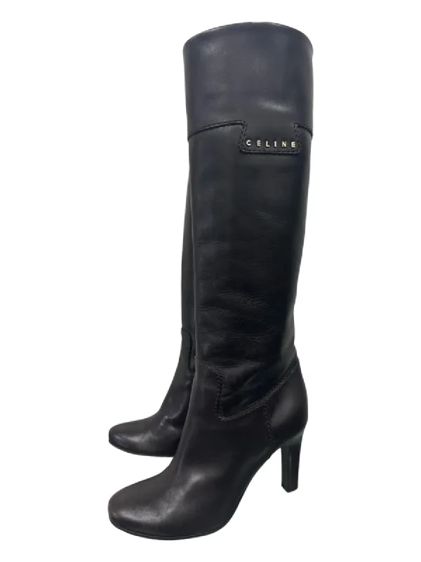 Celine Shoe Size 36.5 Deep Brown Leather Knee High Almond Toe Stacked Heel Boots