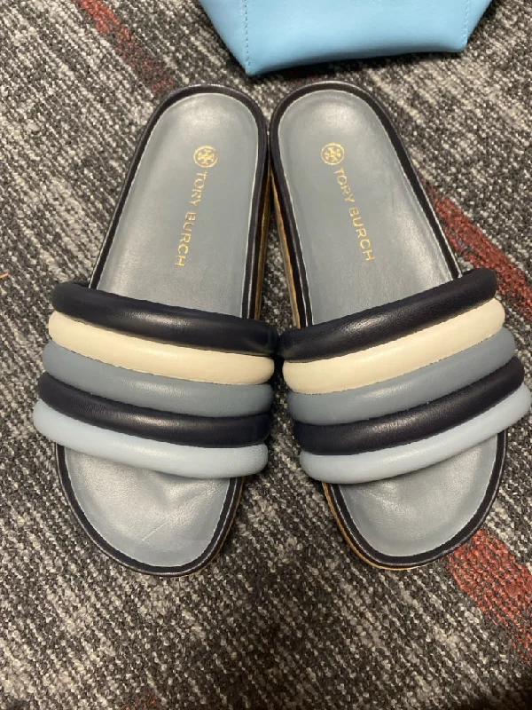 Tory Burch Shoe Size 9 Navy, Blue & White Leather Slides Platform Shoes