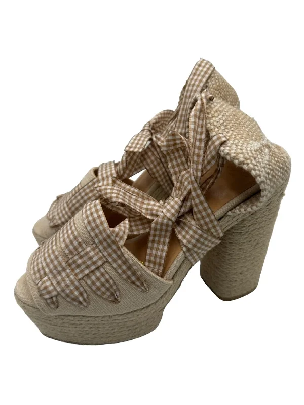 Castaner Shoe Size 38 Creme & Tan Canvas Gingham Block Heel Open Toe Shoes