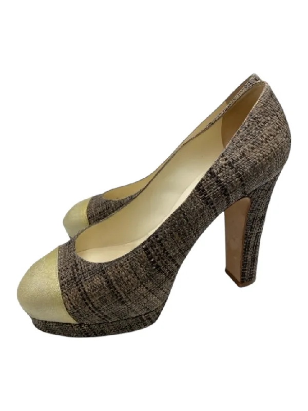 Chanel Shoe Size 41 Gray & Beige Jute & Patent round toe Woven Platform Pumps