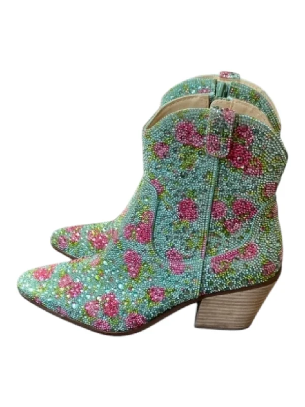 Betsey Johnson Shoe Size 8 Green & Pink Glass Stones Cuban Heel Side Zip Boots