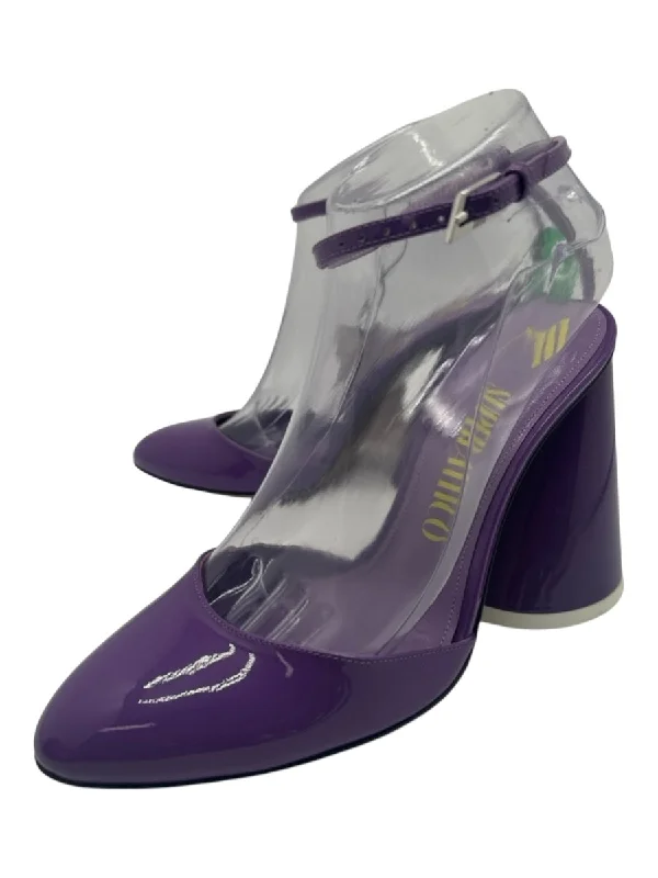 Attico Shoe Size 38 Purple Patent Leather Ankle Strap Round Toe Block Heel Pumps