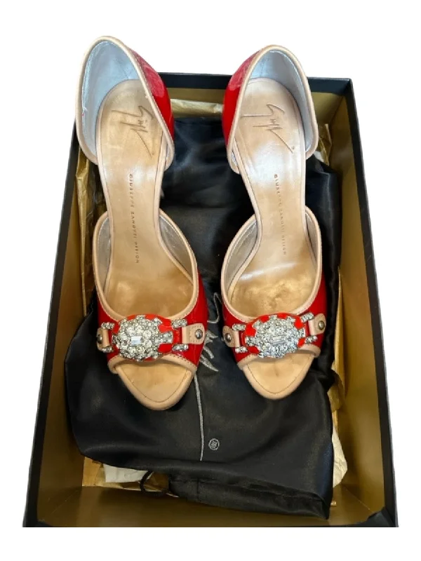 Giuseppe Zanotti Shoe Size 36.5 Tan & Red Patent Leather Rhinestone Pumps