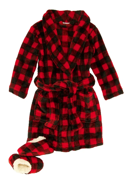 Toddlers Buffalo Plaid Robe with Sherpa Slippers