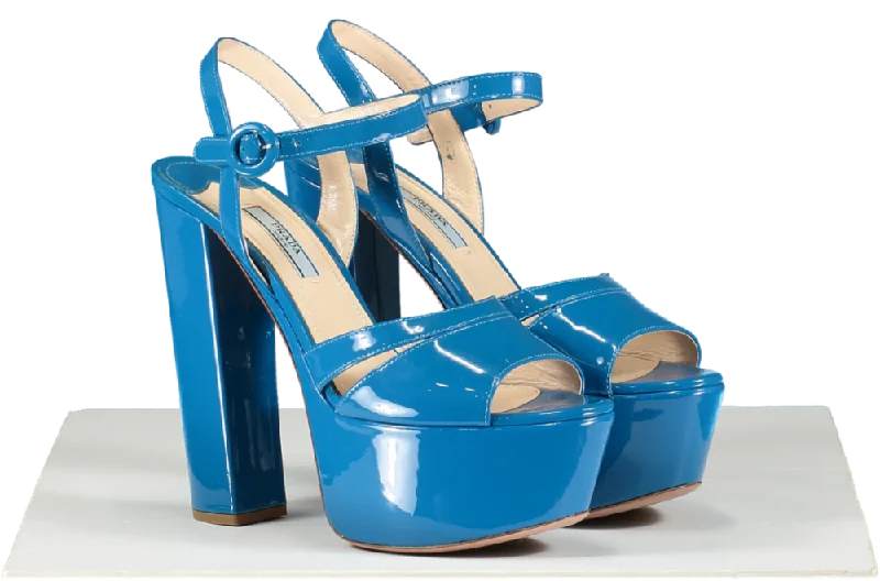 Prada Blue Patent Platform Leather Sandals UK 5.5 EU 38.5 👠