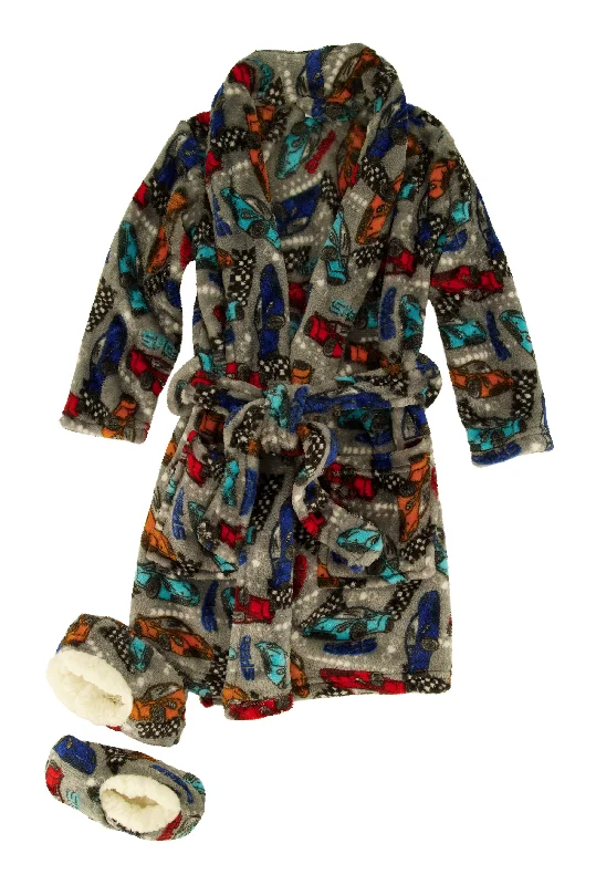 Toddler Boys Race Car Print Robe with Slippers