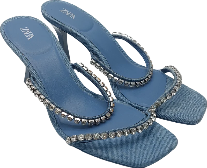 ZARA Blue Embellished Denim Heeled Sandals UK 4 EU 37 👠