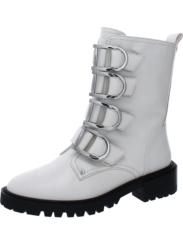 Frishea Womens Leather Buckles Combat & Lace-up Boots