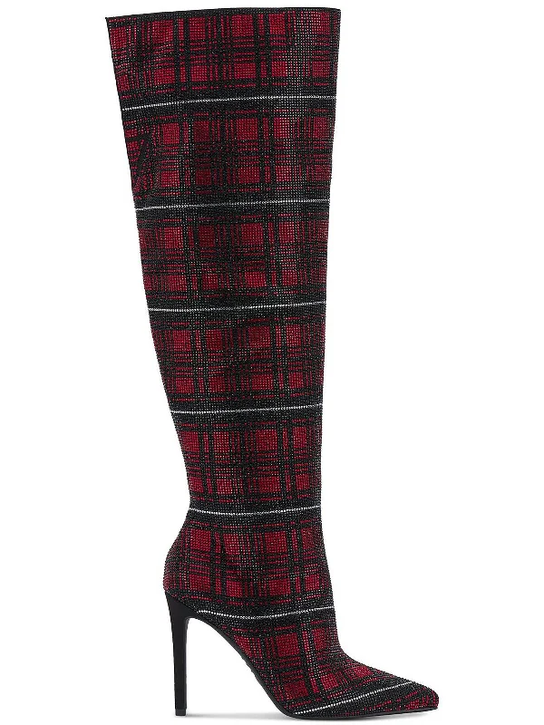 Saveria Womens Rhinestone Plaid Over-The-Knee Boots