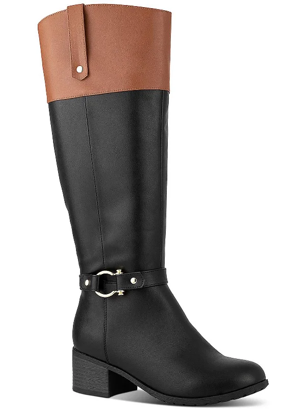 Vickyy Womens Faux Leather Block Heel Knee-High Boots