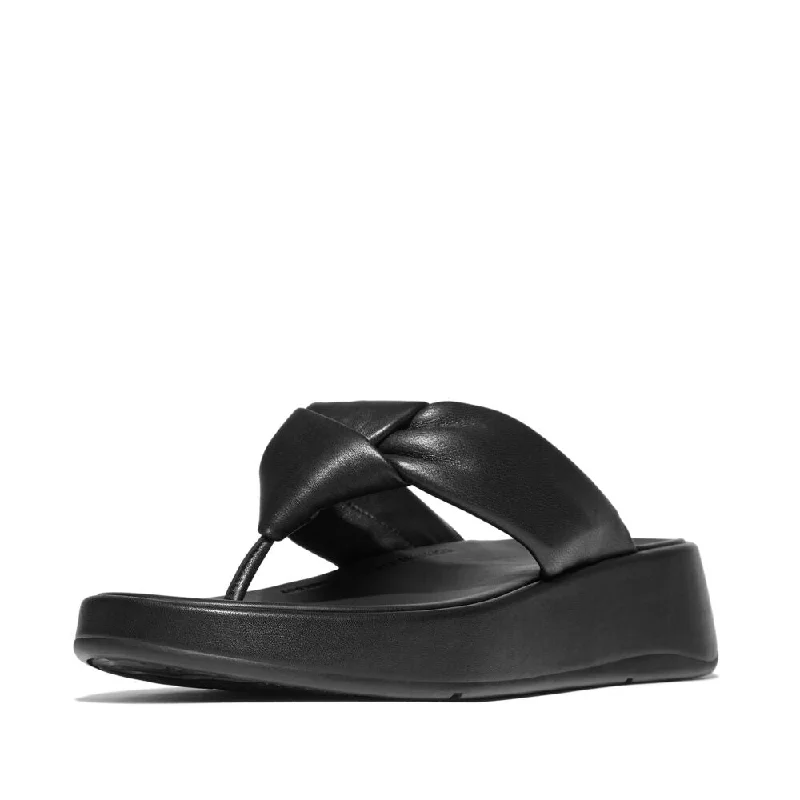 FitFlop F-Mode Knot Soft Leather Toe Post Flatform Sandals - All Black