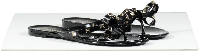 Valentino Garavani Black Rubber Rockstud Bow Thong Sandals UK 5 EU 38 👠